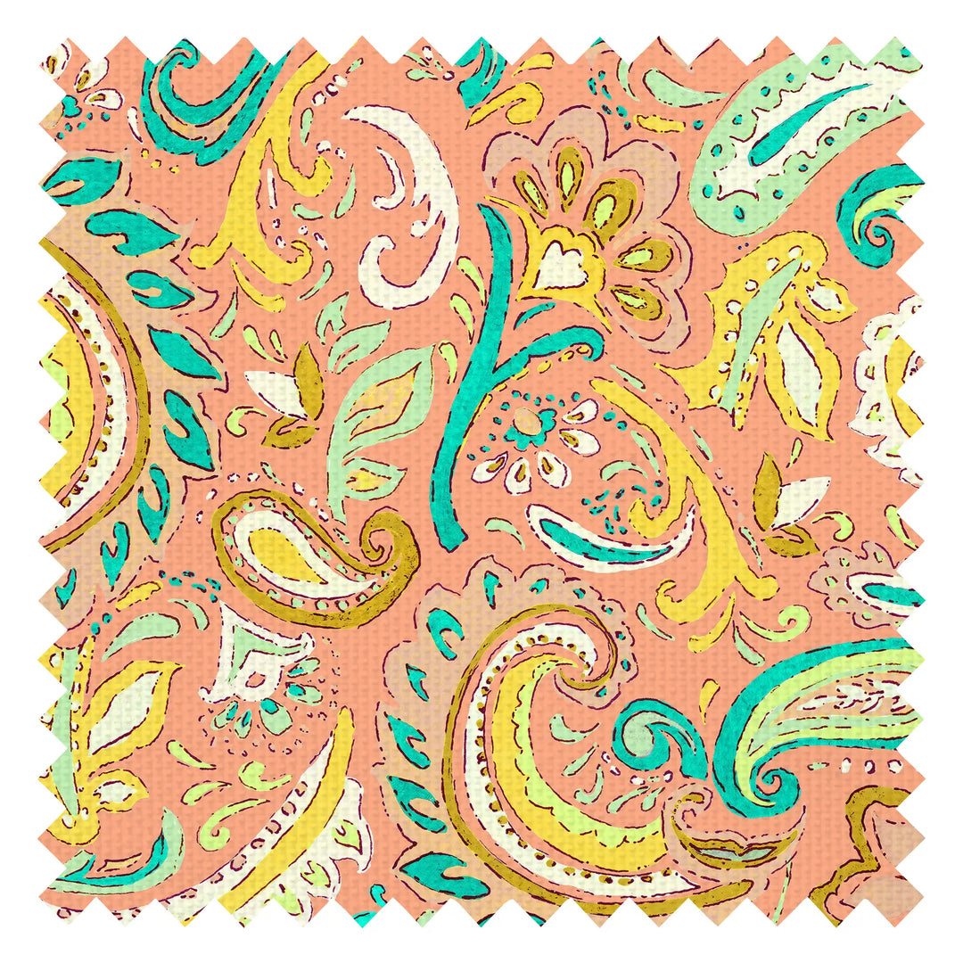 Paisley Party Fabric in Yellow and Teal on Coral