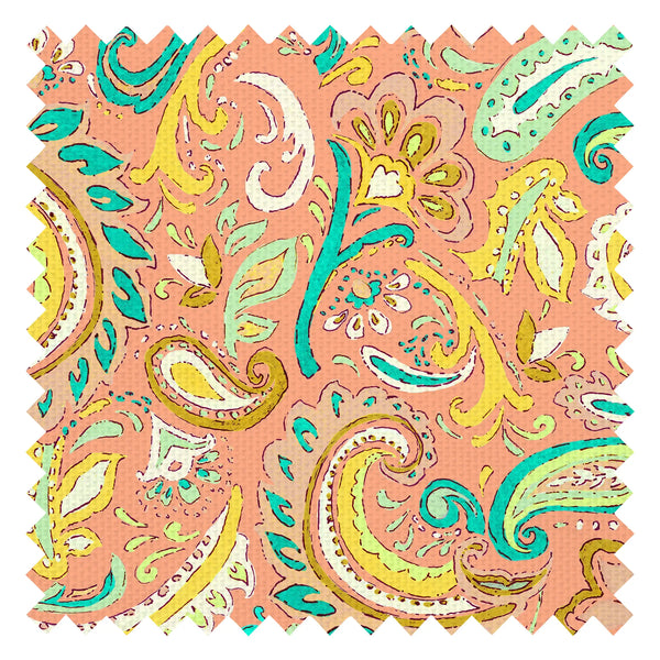 Paisley Party Fabric in Yellow and Teal on Coral