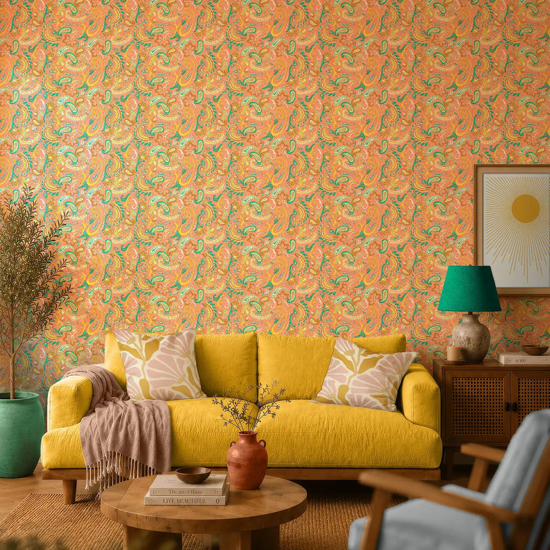 Paisley Party Wallpaper in Yellow and Teal on Coral