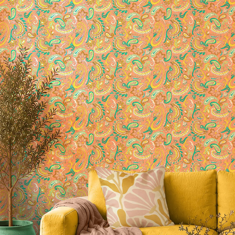 Paisley Party Wallpaper in Yellow and Teal on Coral