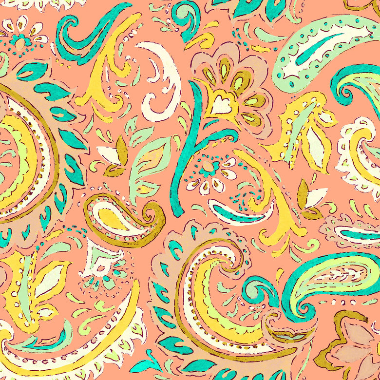 Paisley Party Wallpaper in Yellow and Teal on Coral
