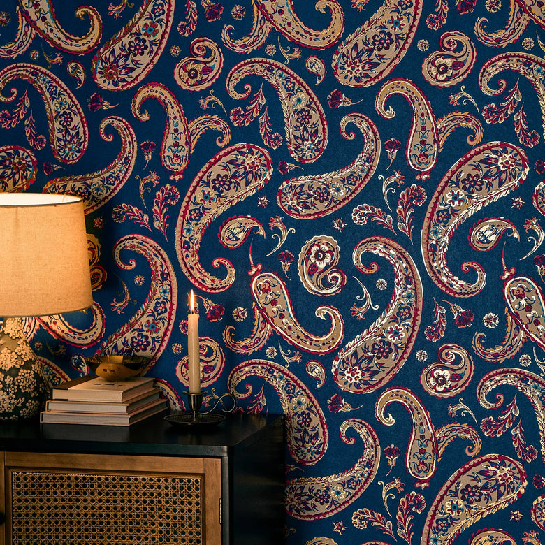 Paisley Passion Wallpaper in Cobalt Blue and Raspberry on Navy with Gold Foil