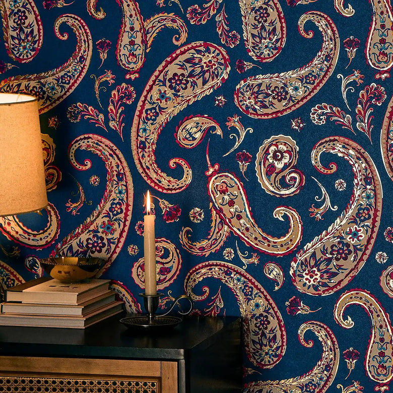 Paisley Passion Wallpaper in Cobalt Blue and Raspberry on Navy with Gold Foil