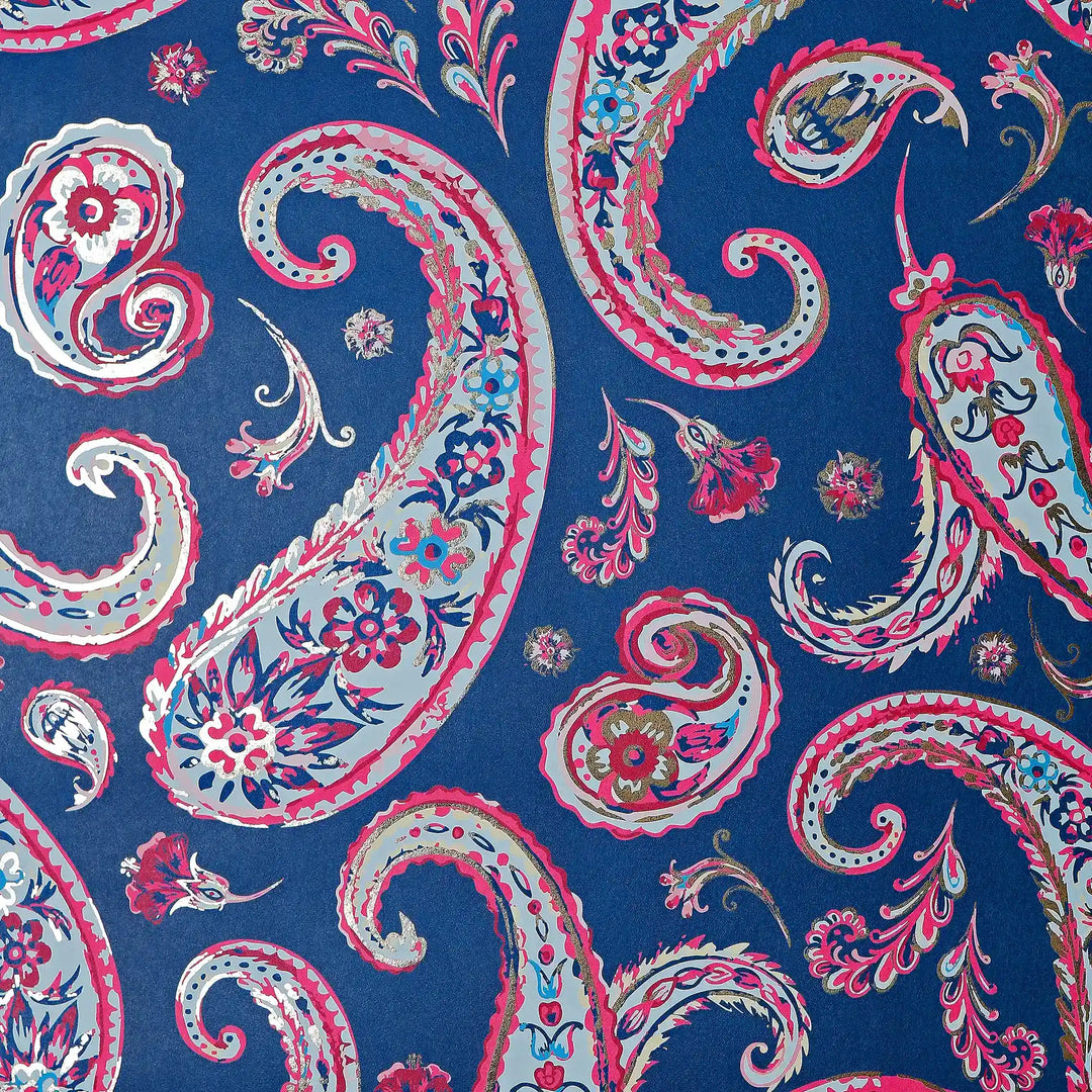 Paisley Passion Wallpaper in Cobalt Blue and Raspberry on Navy with Gold Foil