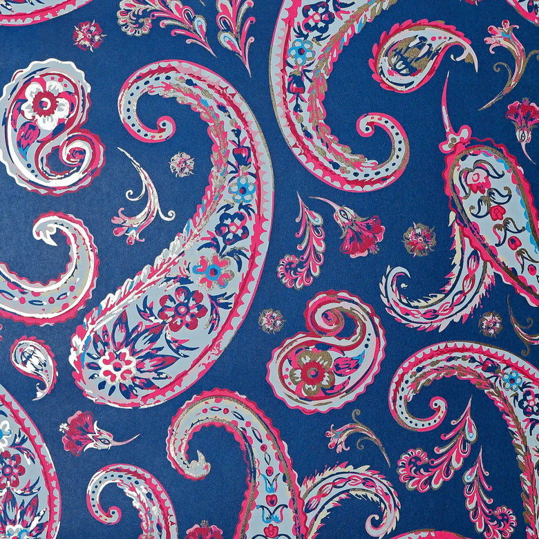 Paisley Passion Wallpaper in Cobalt Blue and Raspberry on Navy with Gold Foil