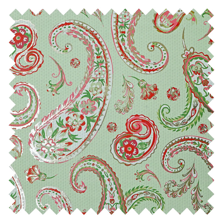 Paisley Passion Fabric in Greens and Raspberry on Sage with Gold