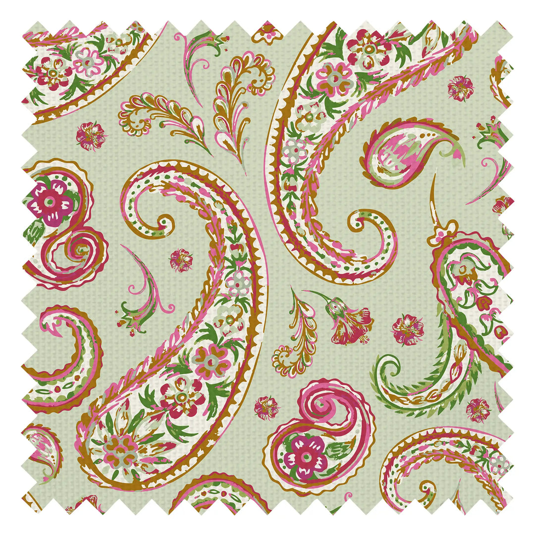 Paisley Passion Fabric in Greens and Raspberry on Sage with Gold