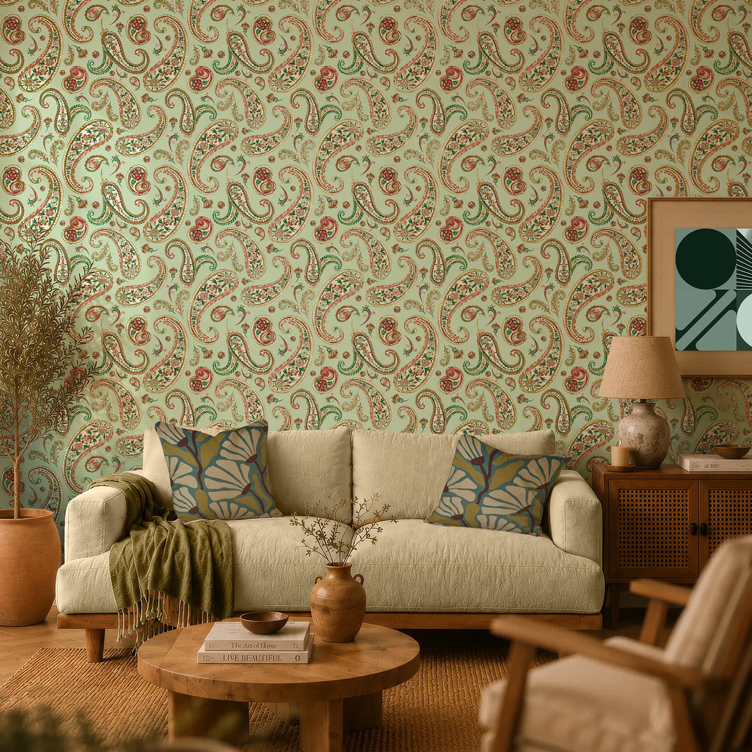 Paisley Passion Wallpaper in Greens and Raspberry on Sage with Gold Foil