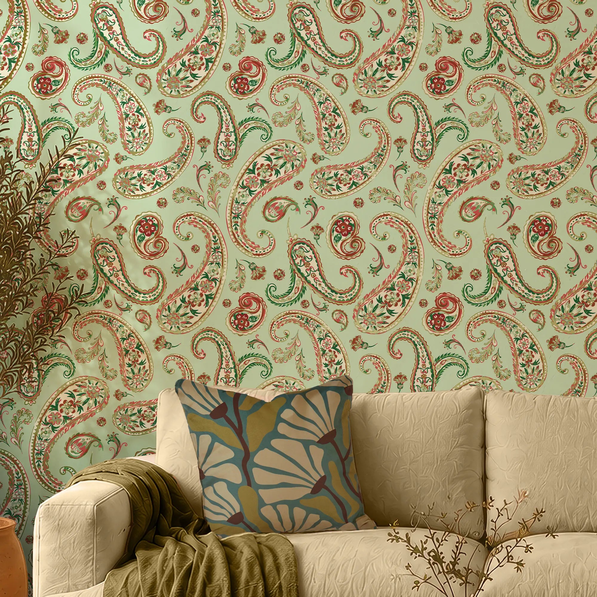 Paisley Passion Wallpaper in Greens and Raspberry on Sage with Gold Foil