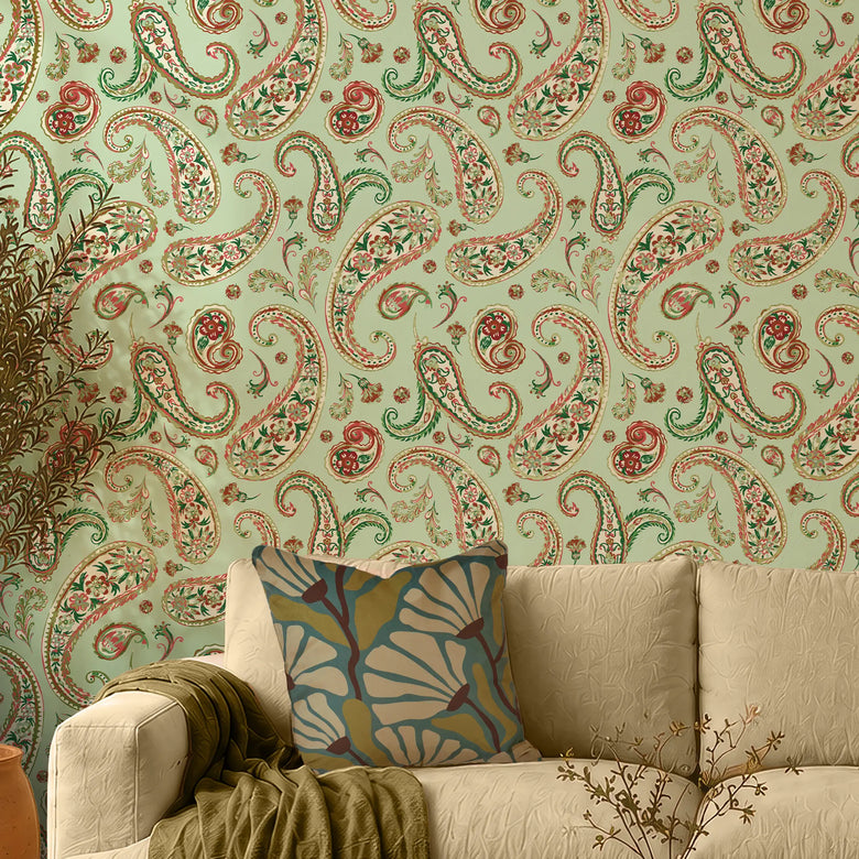 Paisley Passion Wallpaper in Greens and Raspberry on Sage with Gold Foil