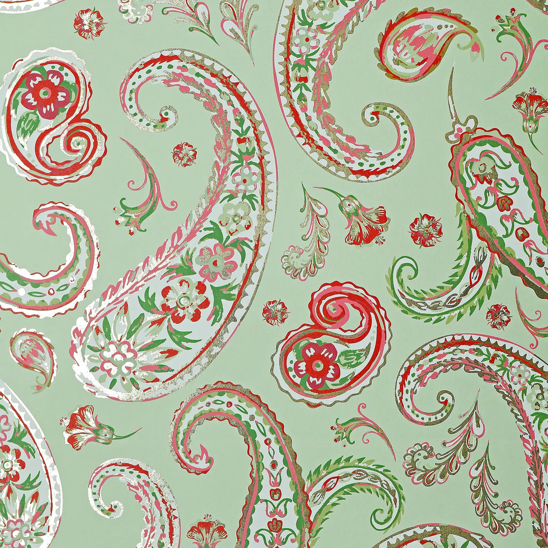 Paisley Passion Wallpaper in Greens and Raspberry on Sage with Gold Foil