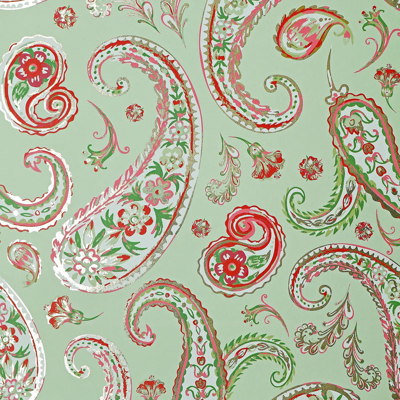 Paisley Passion Wallpaper in Greens and Raspberry on Sage with Gold Foil
