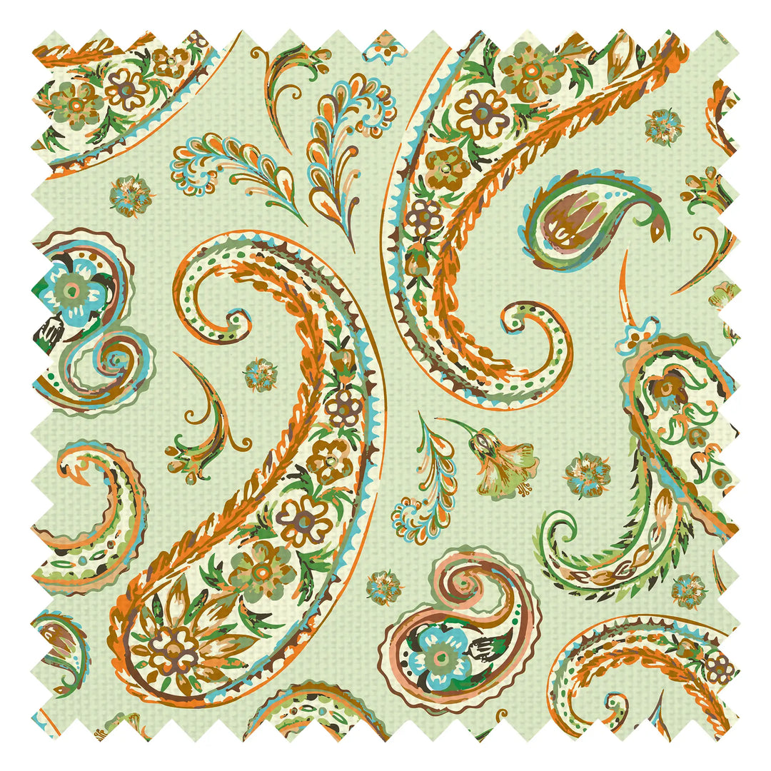 Paisley Passion Fabric in Orange and Green on Light Green with Gold