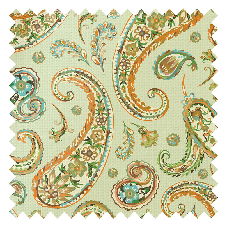 Paisley Passion Fabric in Orange and Green on Light Green with Gold