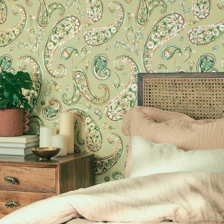 Paisley Passion Wallpaper in Orange and Green on Light Green with Gold Foil