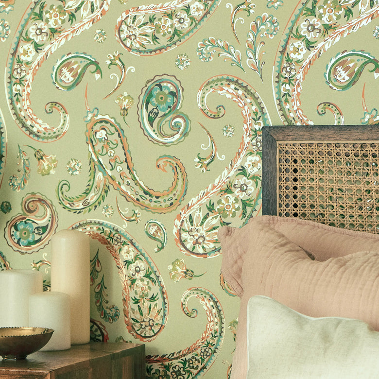 Paisley Passion Wallpaper in Orange and Green on Light Green with Gold Foil