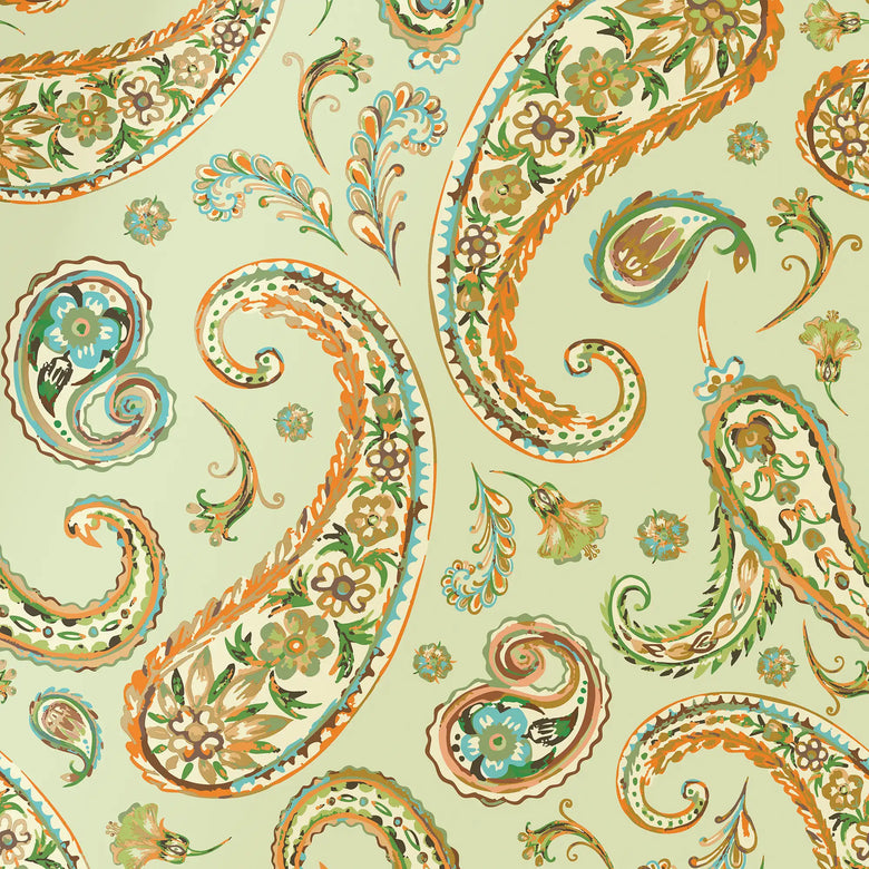 Paisley Passion Wallpaper in Orange and Green on Light Green with Gold Foil