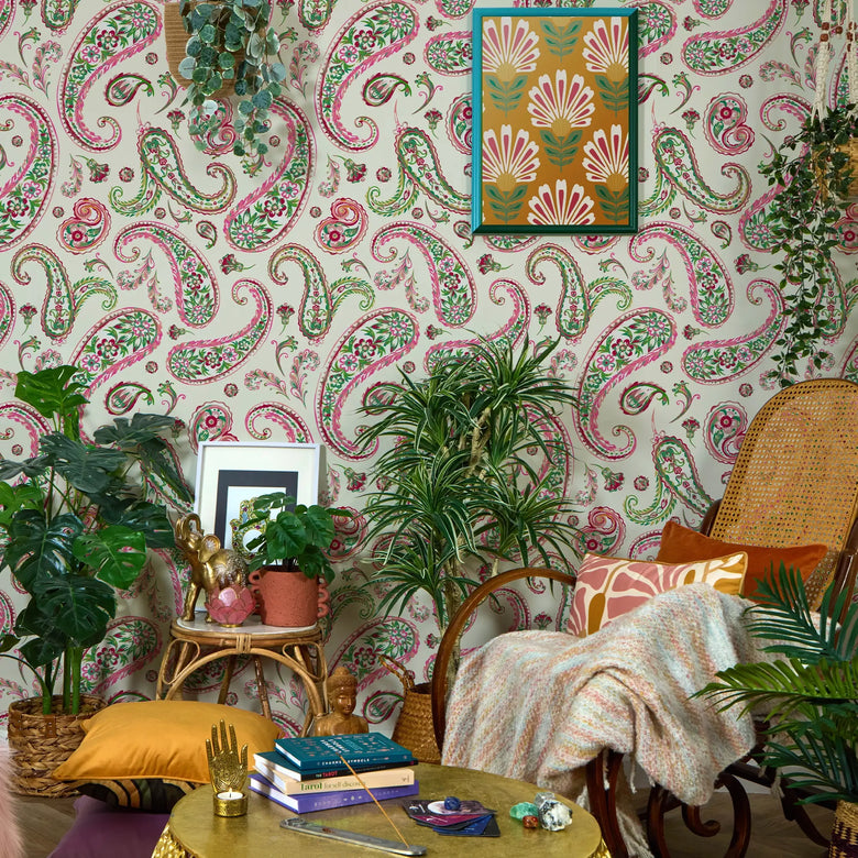 Paisley Passion Wallpaper in Pinks and Forest Green on Cream