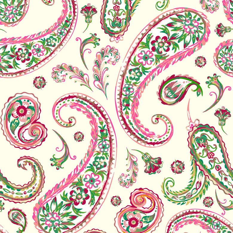 Paisley Passion Wallpaper in Pinks and Forest Green on Cream