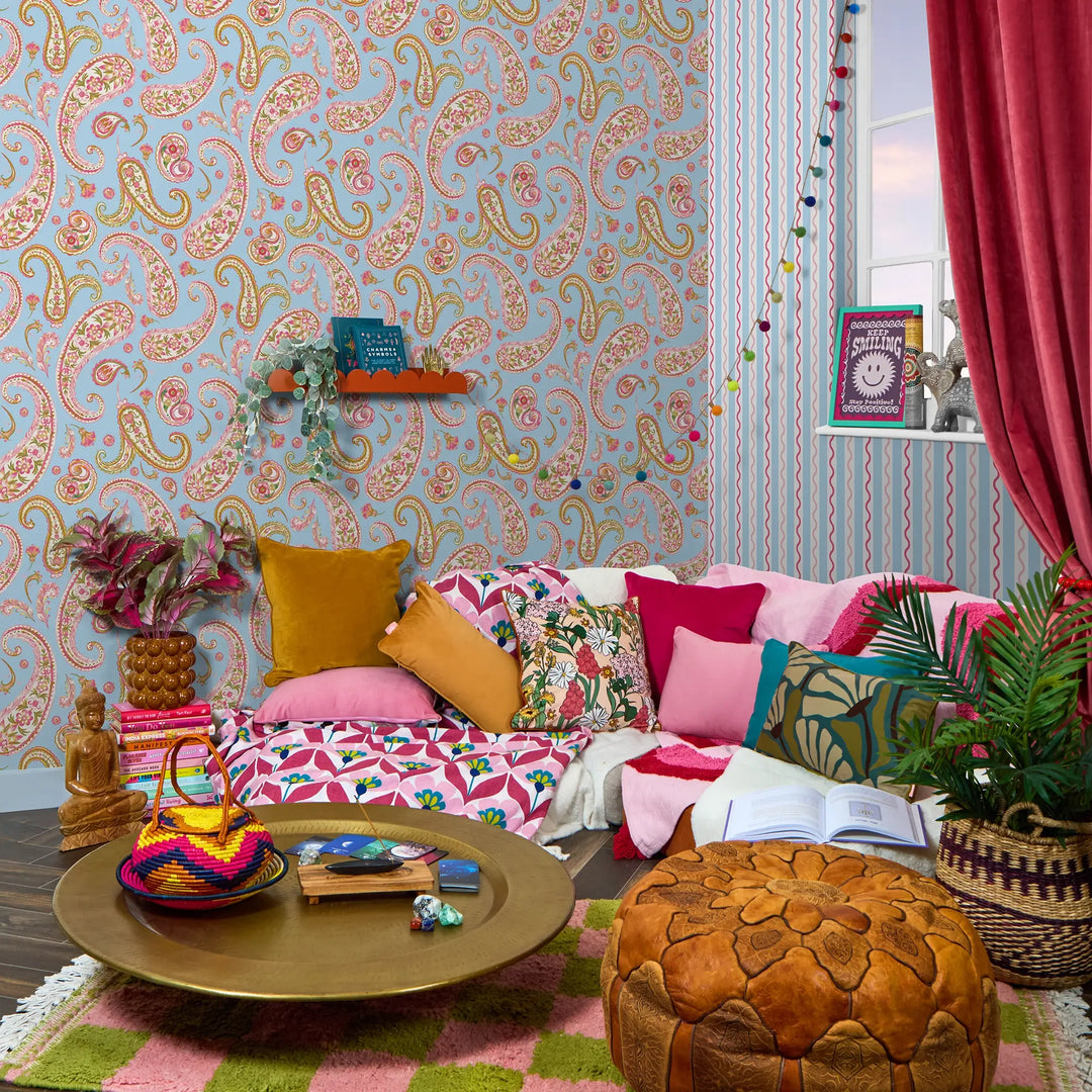 Paisley Passion Wallpaper in Pinks and Soft Green on Sky Blue