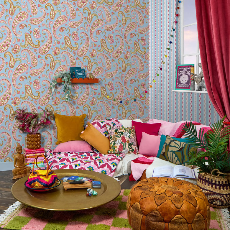 Paisley Passion Wallpaper in Pinks and Soft Green on Sky Blue