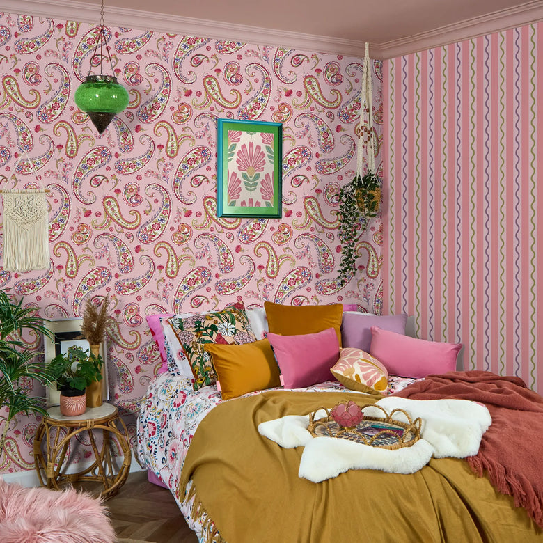 Paisley Passion Wallpaper in Reds and Soft Green on Pink