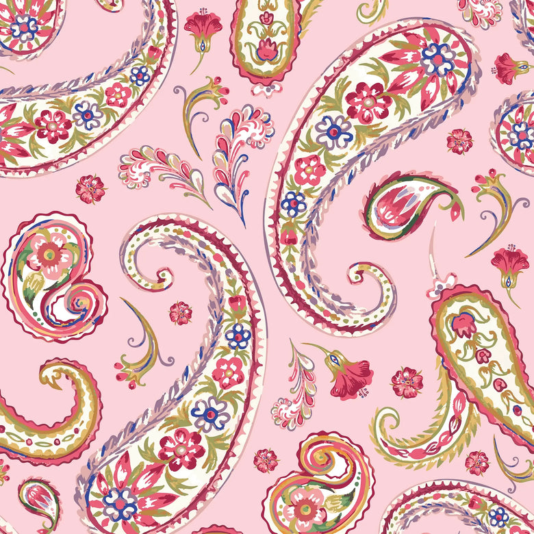 Paisley Passion Wallpaper in Reds and Soft Green on Pink