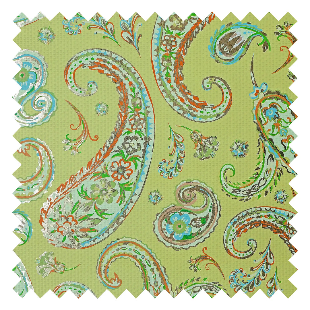 Paisley Passion Fabric in Turquoise and Orange on Lime with Gold