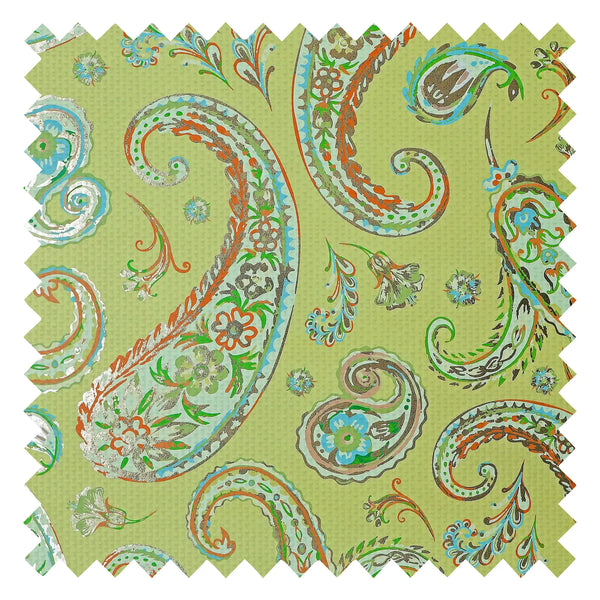 Paisley Passion Fabric in Turquoise and Orange on Lime with Gold