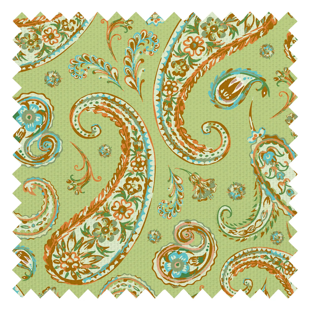 Paisley Passion Fabric in Turquoise and Orange on Lime with Gold