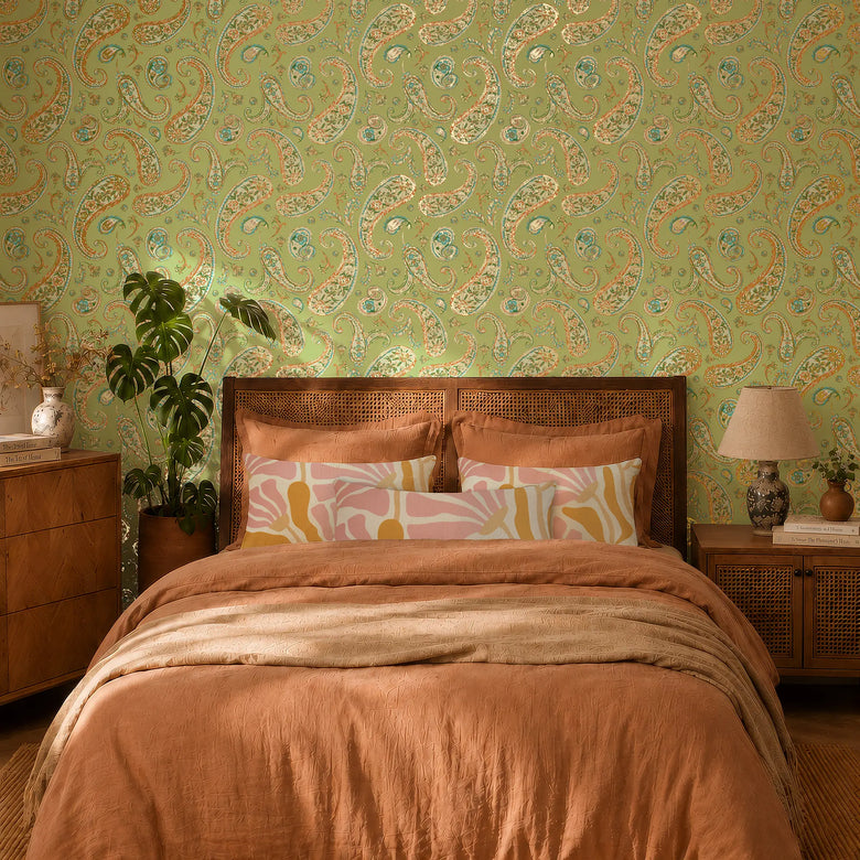 Paisley Passion Wallpaper in Turquoise and Orange on Lime with Gold Foil