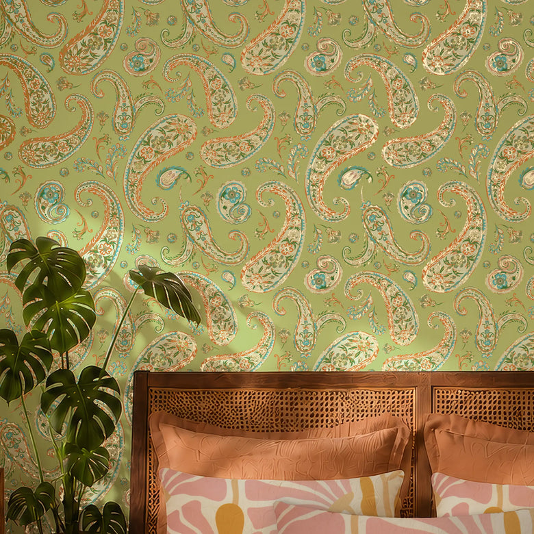 Paisley Passion Wallpaper in Turquoise and Orange on Lime with Gold Foil