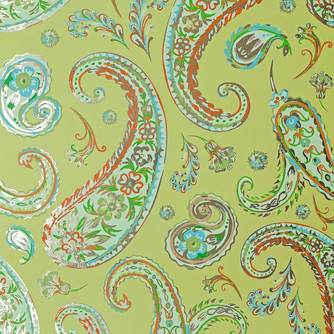 Paisley Passion Wallpaper in Turquoise and Orange on Lime with Gold Foil