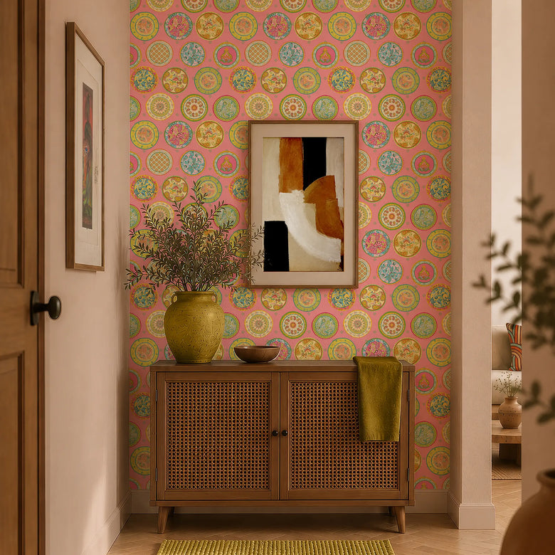Paisley Platter Wallpaper in Multicoloured on Pink