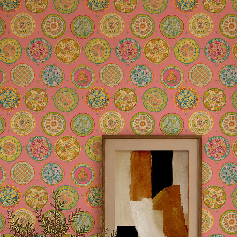 Paisley Platter Wallpaper in Multicoloured on Pink