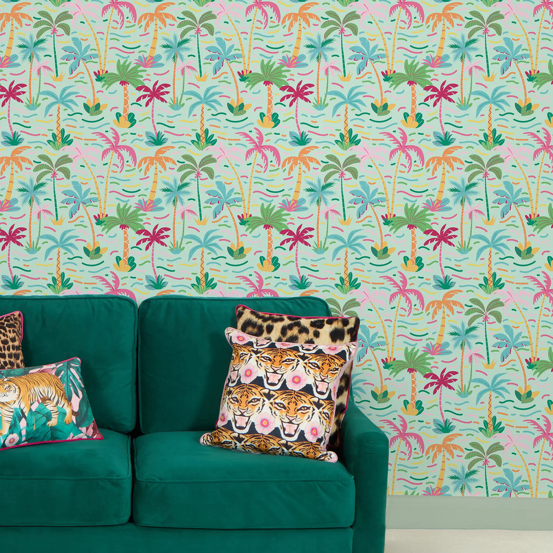 Palm Mirage Wallpaper in Brights on Mint