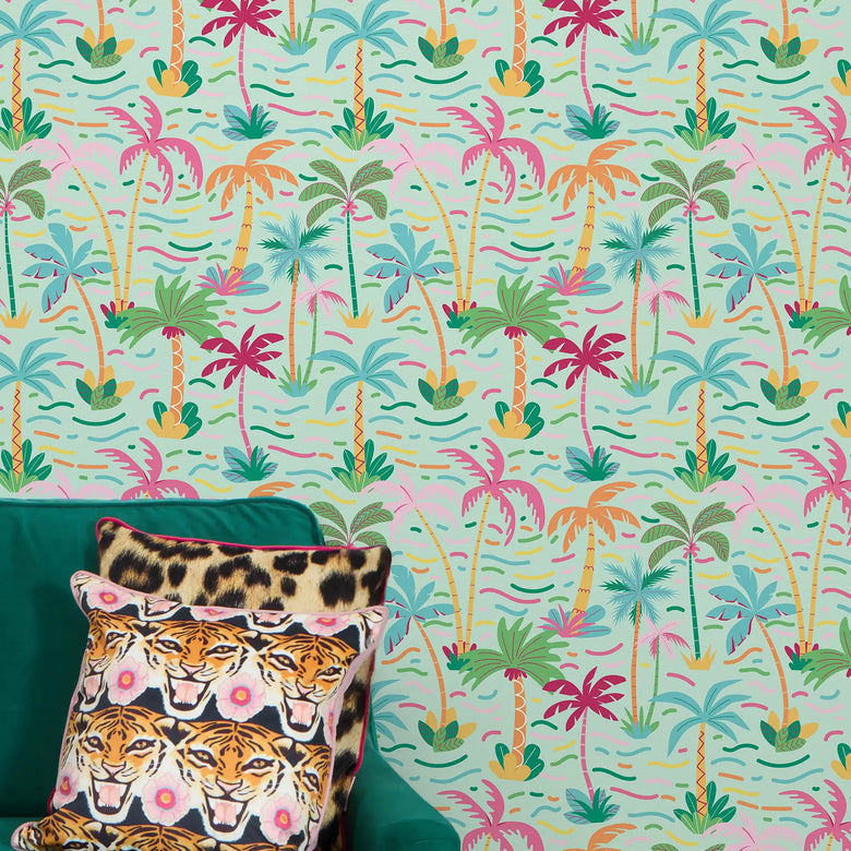 Palm Mirage Wallpaper in Brights on Mint