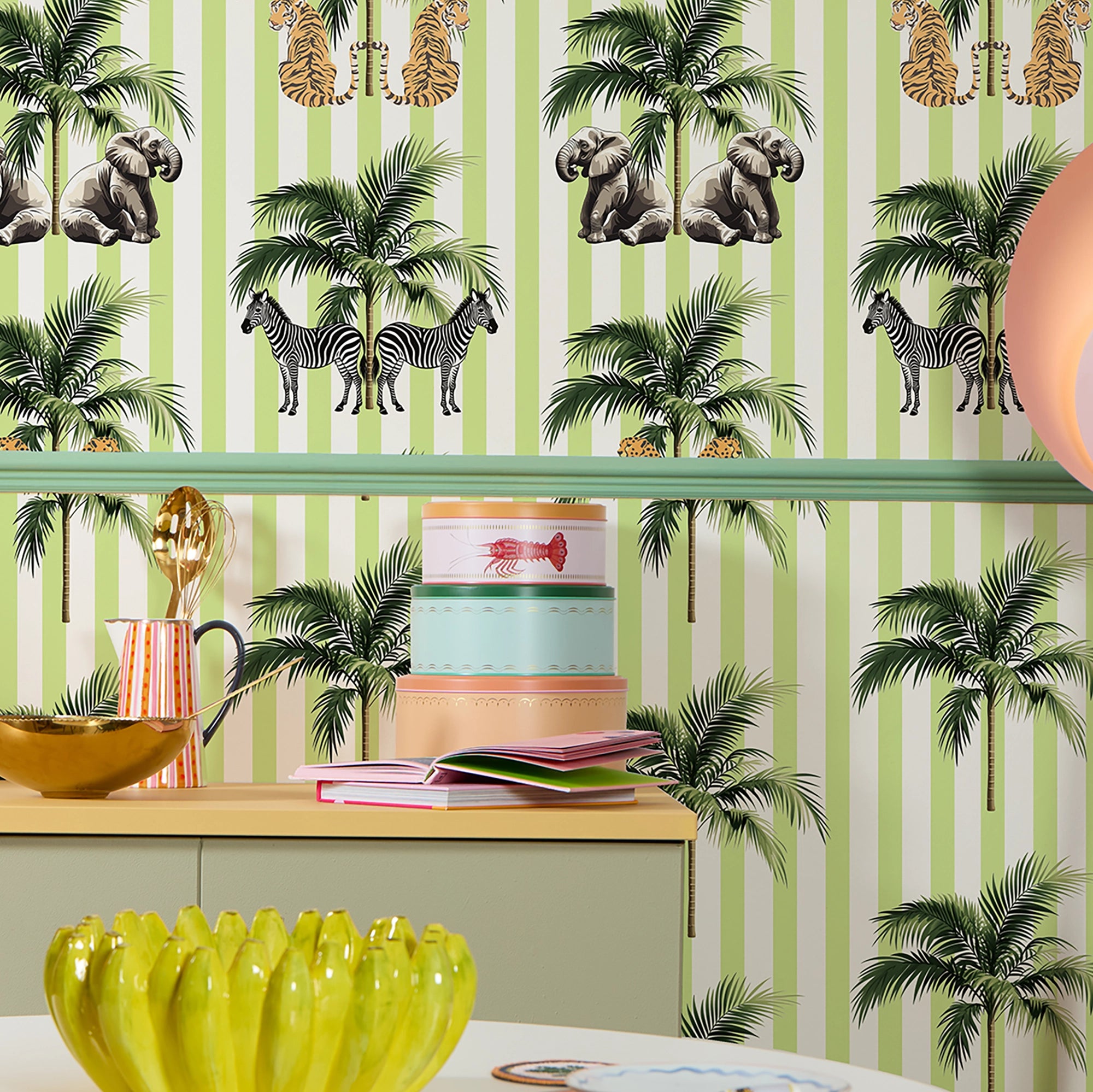 Palm Stripe Wallpaper in Lime Green and White