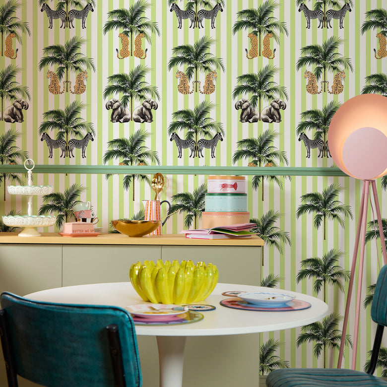 Palm Stripe Wallpaper in Lime Green and White