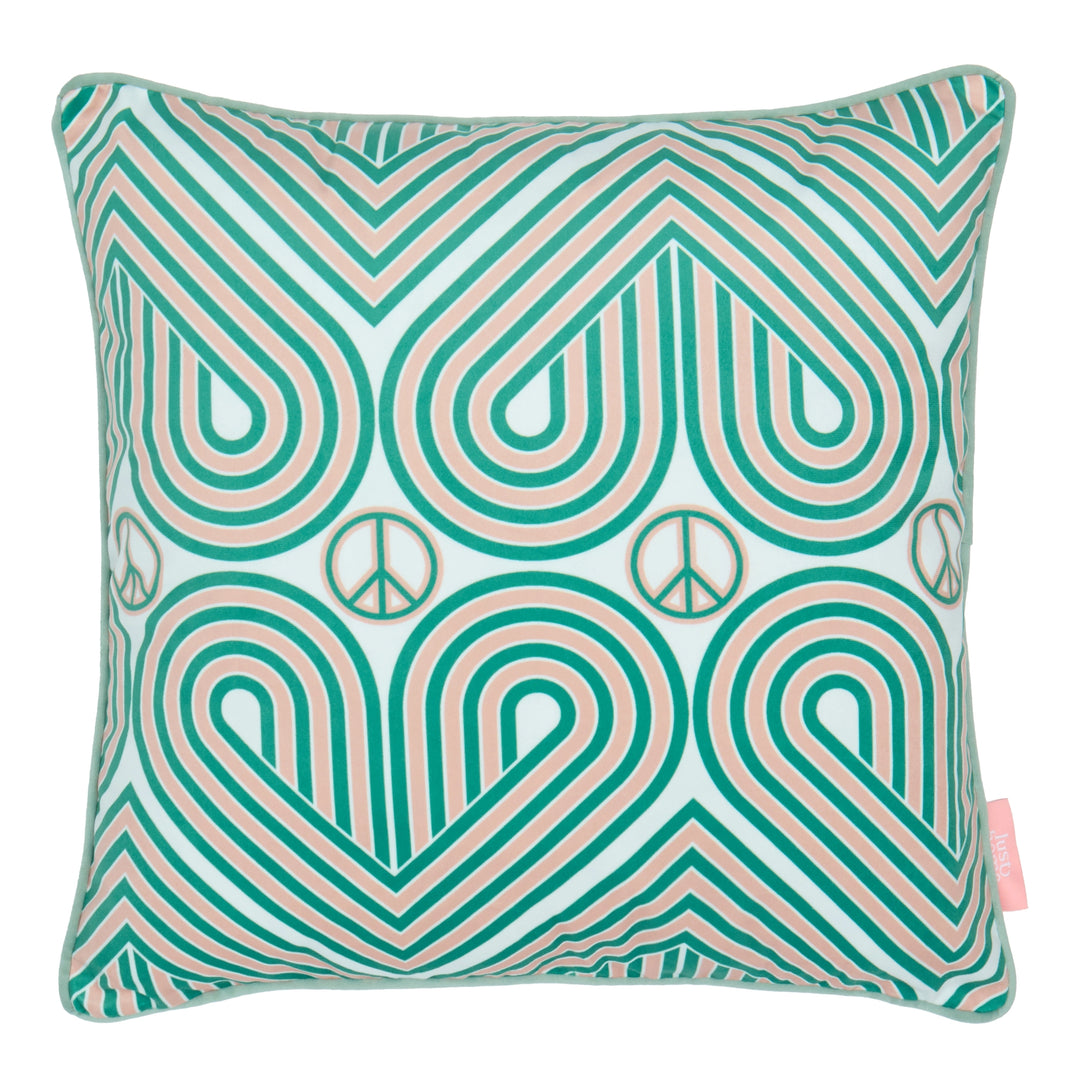 Peace and Love Square Cushion in Mint and Pink
