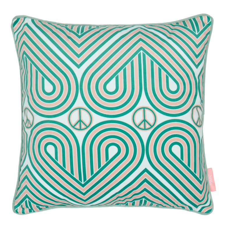 Peace and Love Square Cushion in Mint and Pink