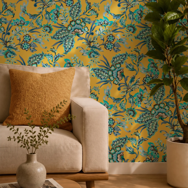 Petal Prowl Wallpaper in Blues on Mustard