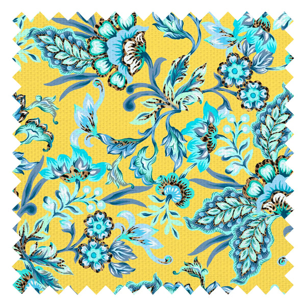 Petal Prowl Fabric in Blues on Mustard