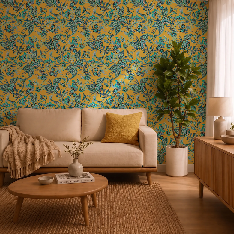 Petal Prowl Wallpaper in Blues on Mustard