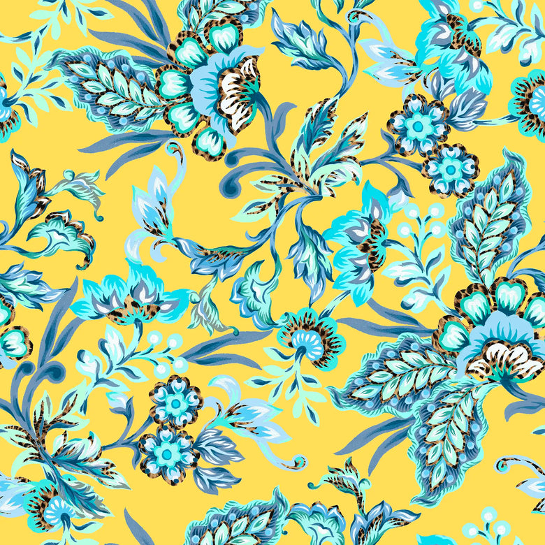 Petal Prowl Wallpaper in Blues on Mustard