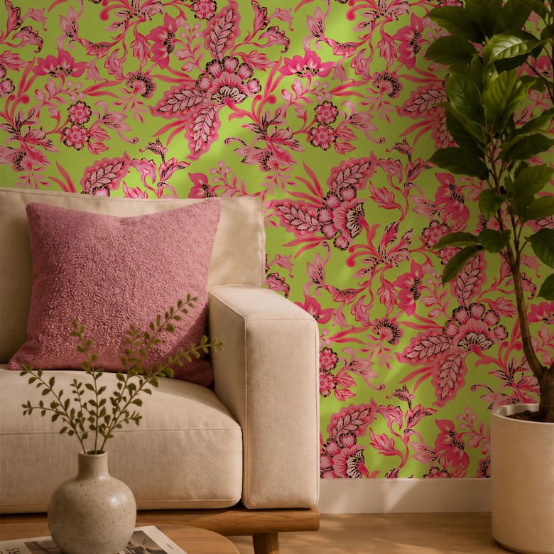 Petal Prowl Wallpaper in Hot Pink on Lime