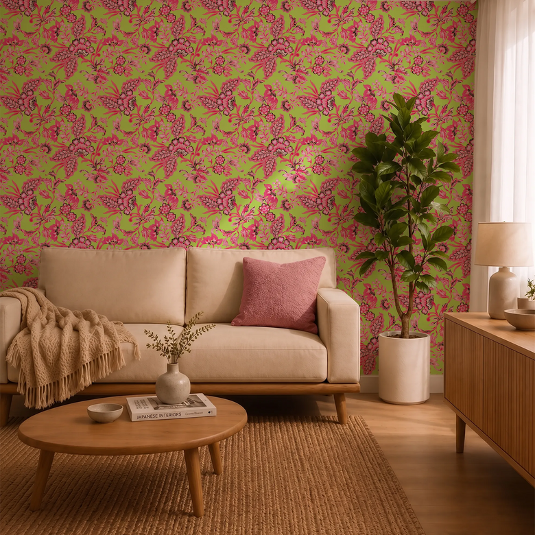 Petal Prowl Wallpaper in Hot Pink on Lime