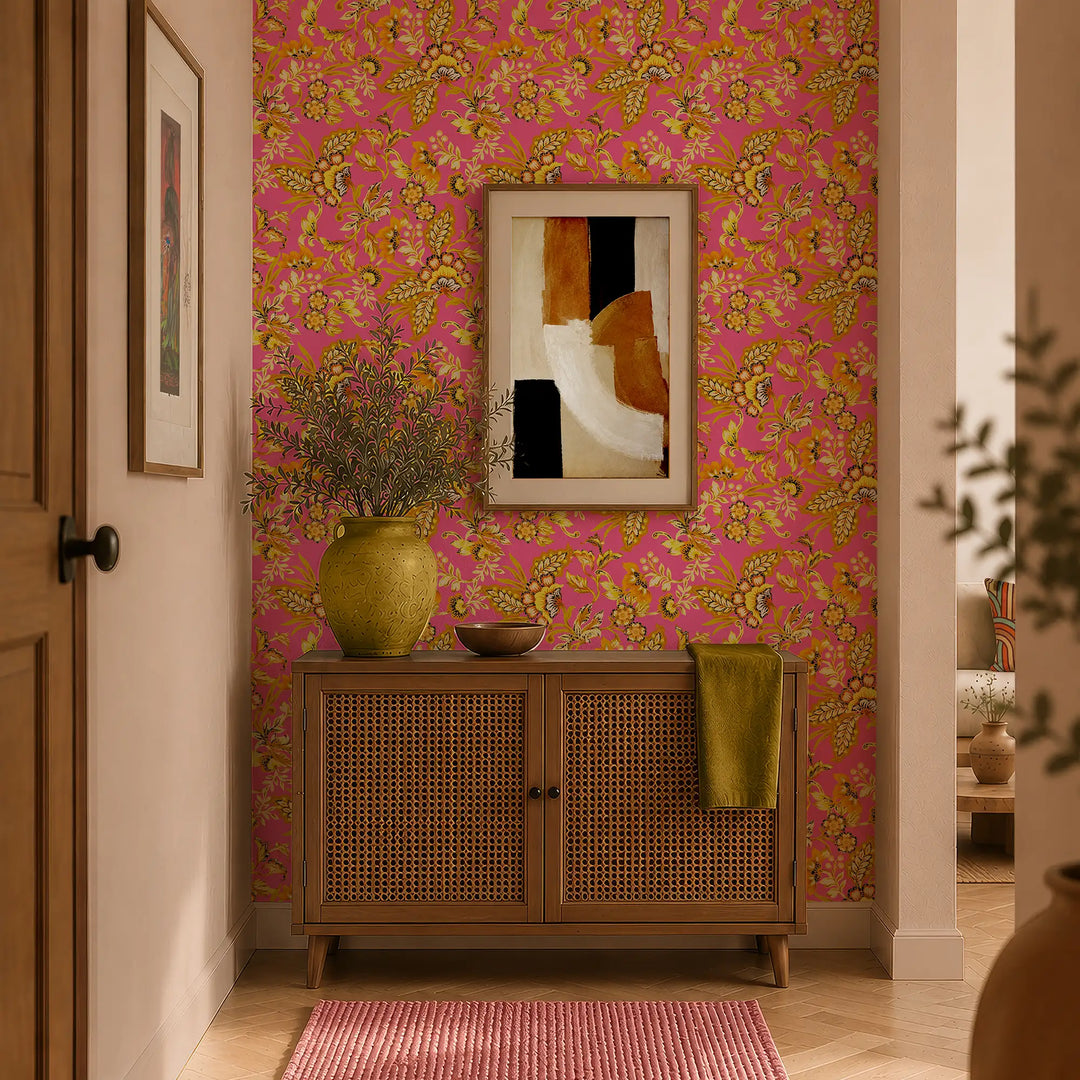 Petal Prowl Wallpaper in Mustard on Hot Pink