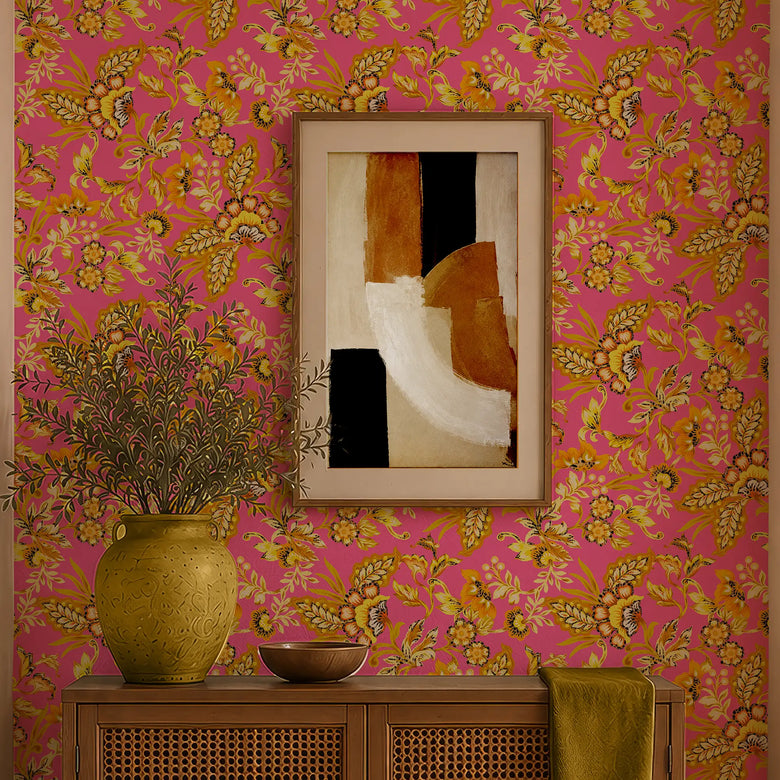 Petal Prowl Wallpaper in Mustard on Hot Pink