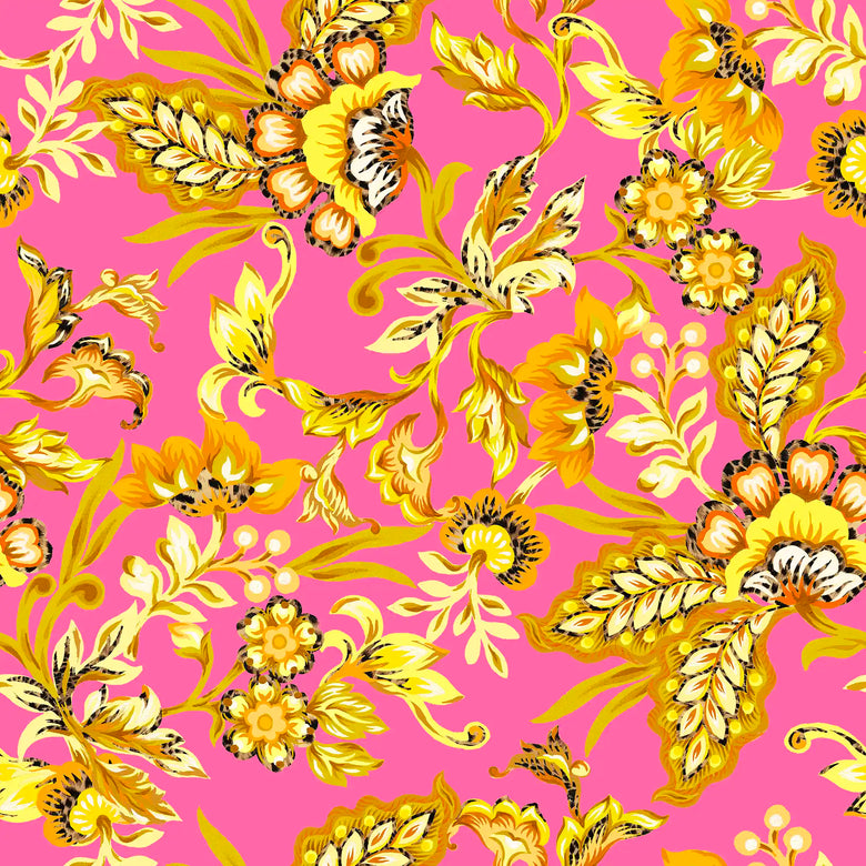 Petal Prowl Wallpaper in Mustard on Hot Pink